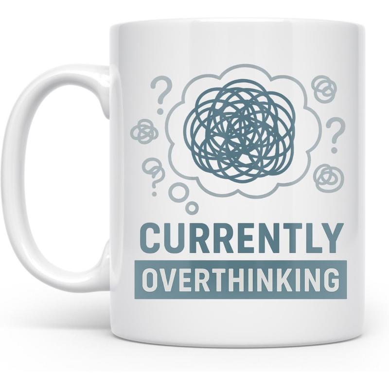 Tailorly White Ceramic 11 oz Mug - Currently Overthinking Minimalist Scribble Cloud With Floating Question Marks In Slate Gray Mug
