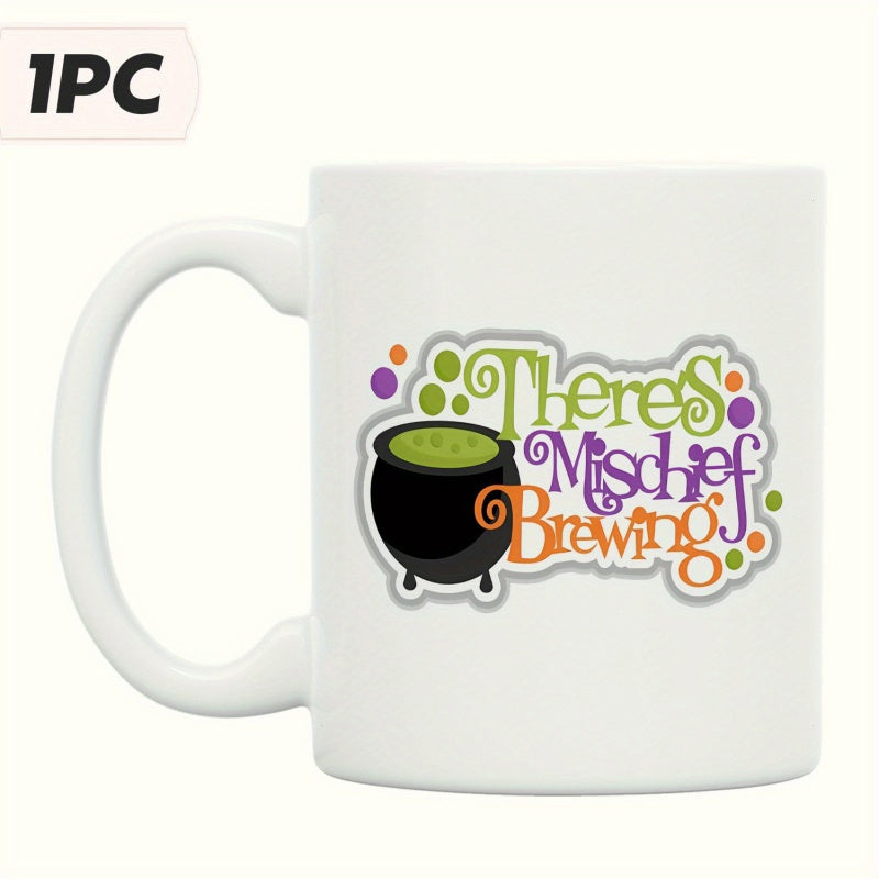 Tailorly White Ceramic 11 oz Mug - Theres Mischief Brewing Witch Cauldron Bubbling With Green Liquid Surrounded By Colorful Festive Magic Dots Cauldron