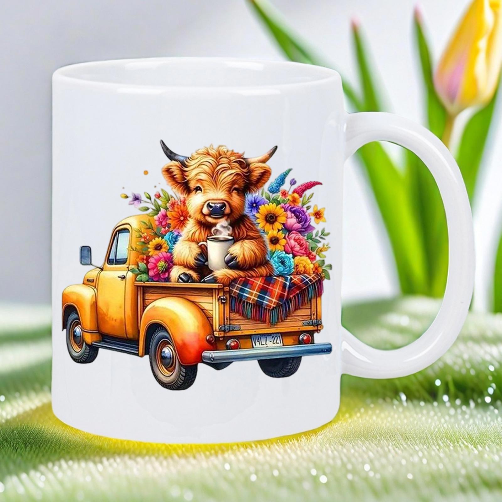 Tailorly White Ceramic 11 oz Mug - Adorable Highland Cow In Yellow Vintage Truck Surrounded By Colorful Summer Flowers Highland Cow