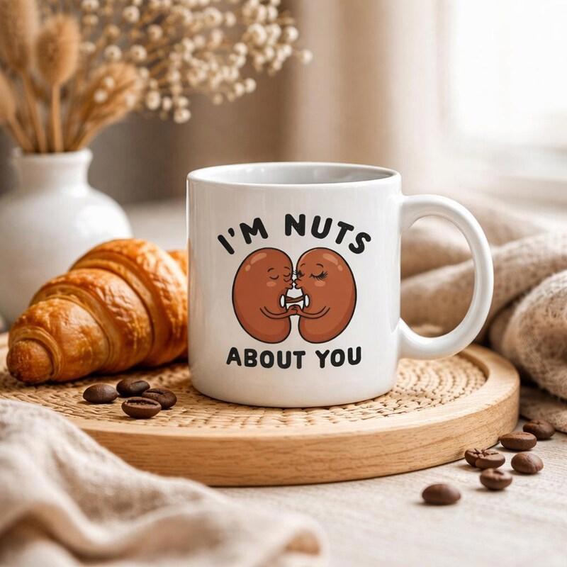 Tailorly White Ceramic 11 oz Mug - Im Nuts About You Two Cute Brown Cartoon Beans Embracing Under Playful Pun Kidney