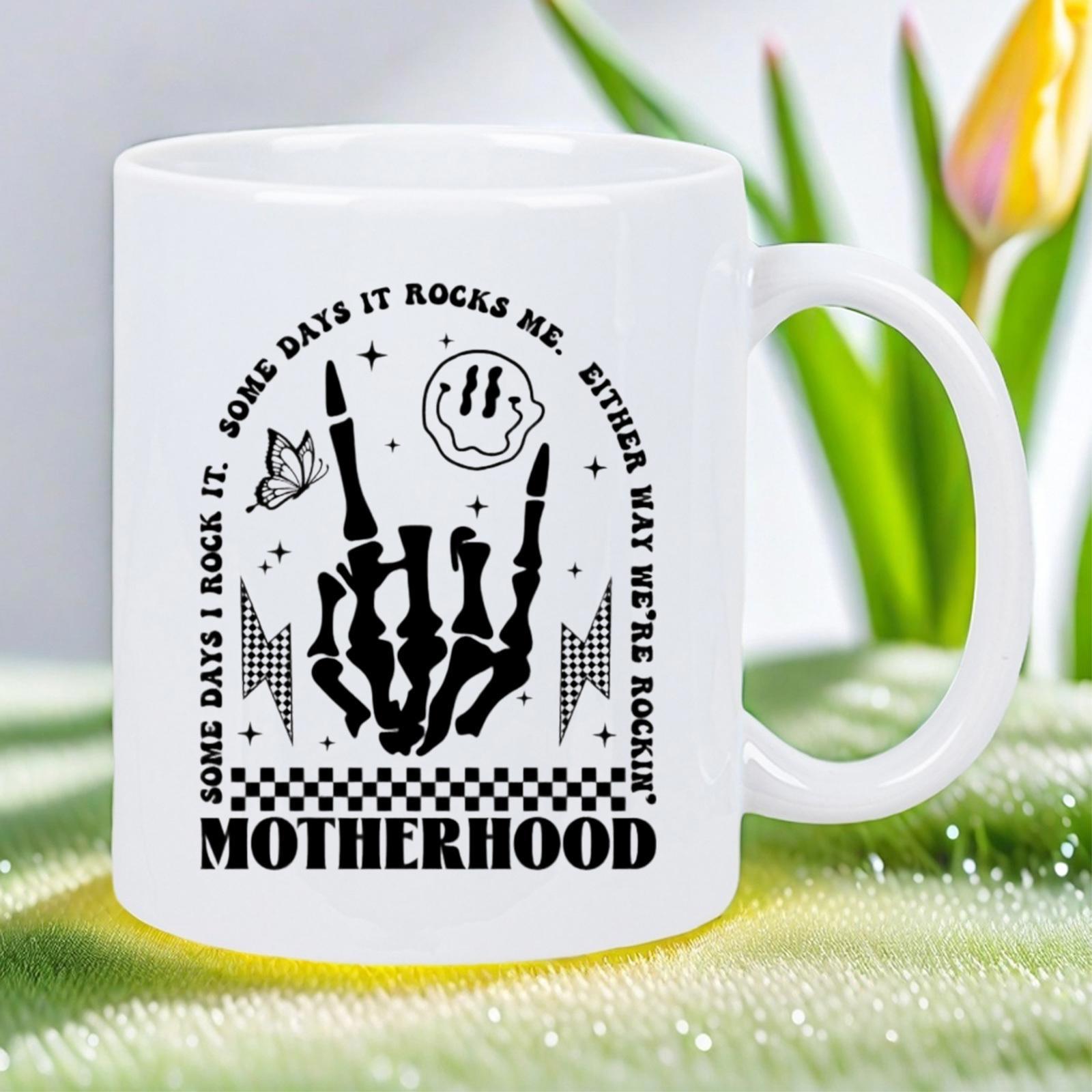 Tailorly White Ceramic 11 oz Mug - Motherhood Some Days I Rock It Retro Skeleton Hand With Butterfly Stars And Checkered Pattern Hand