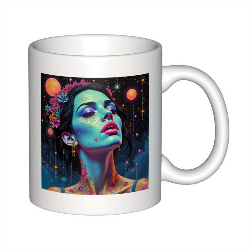 Tailorly White Ceramic 11 oz Mug - Ethereal Portrait Under Cosmic Sky Among Glowing Planets And Flowers Woman