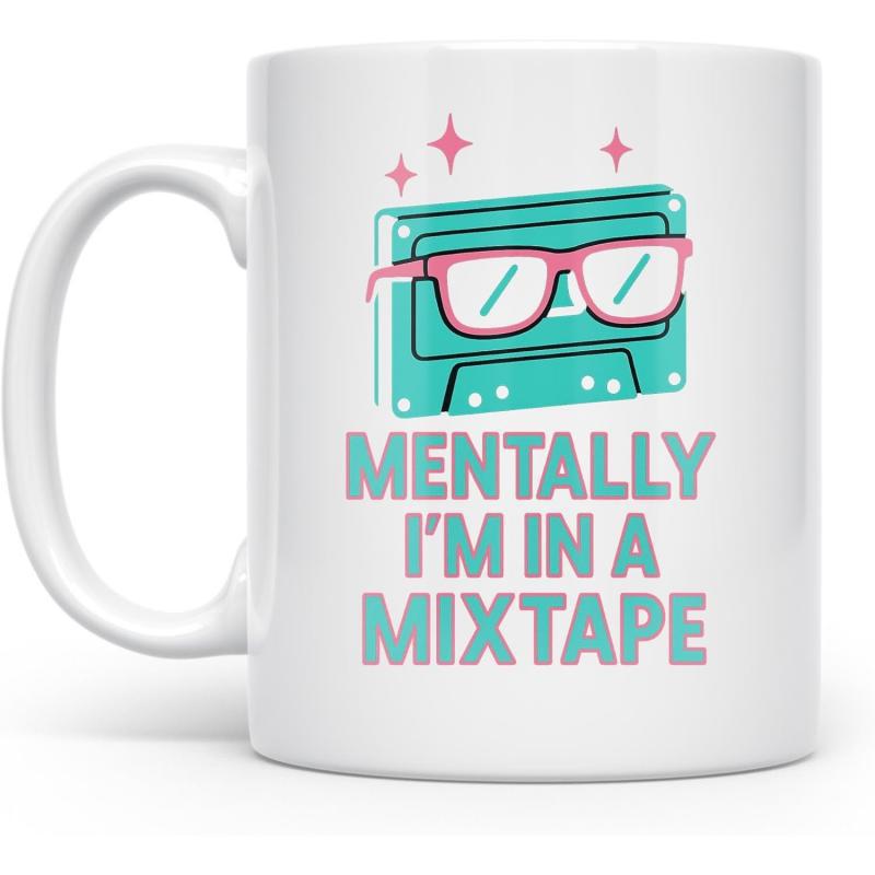 Tailorly White Ceramic 11 oz Mug - Mentally Im In A Mixtape Stylized Retro Turquoise Music Tape Wearing Pink Frame Glasses Cassette