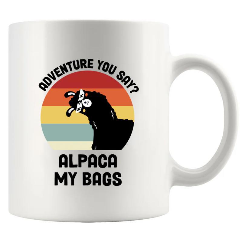 Tailorly White Ceramic 11 oz Mug - Adventure You Say Alpaca My Bags Vibrant Retro Sunset Circle With A Cool Silhouetted Posing Alpaca