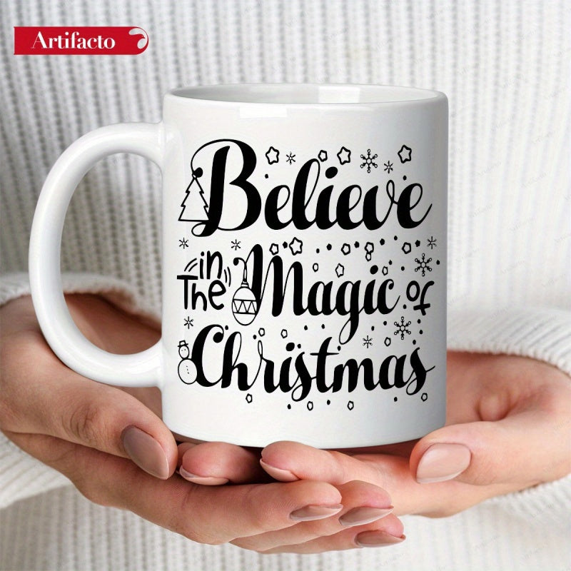 Tailorly White Ceramic 11 oz Mug - Believe In The Magic Of Christmas Decorative Winter Stars And Snowy Ornaments With Script Lettering Sign