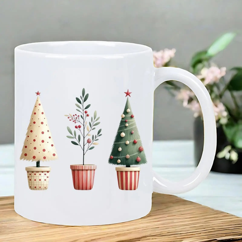 Tailorly White Ceramic 11 oz Mug - Three Small Decorative Potted Plants Featuring Festive Evergreen Branches And Berries Tree