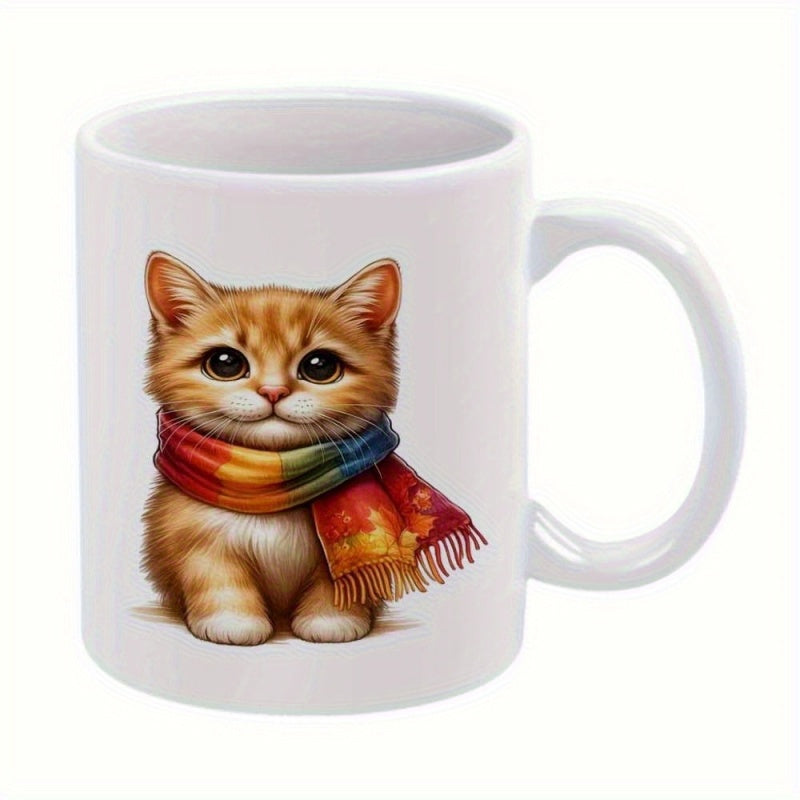 Tailorly White Ceramic 11 oz Mug - Adorable Ginger Tabby Wearing A Vibrant Colorful Rainbow Pattern Scarf Kitten
