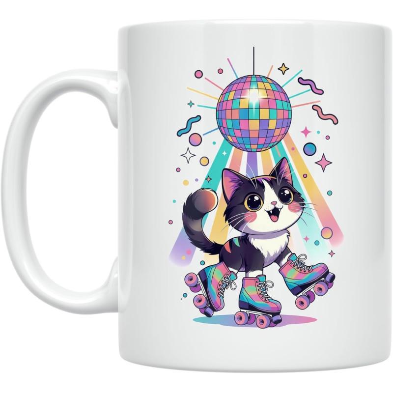 Tailorly White Ceramic 11 oz Mug - Adorable Tuxedo Cat Wearing Roller Skates Under A Vibrant Spinning Disco Ball Cat