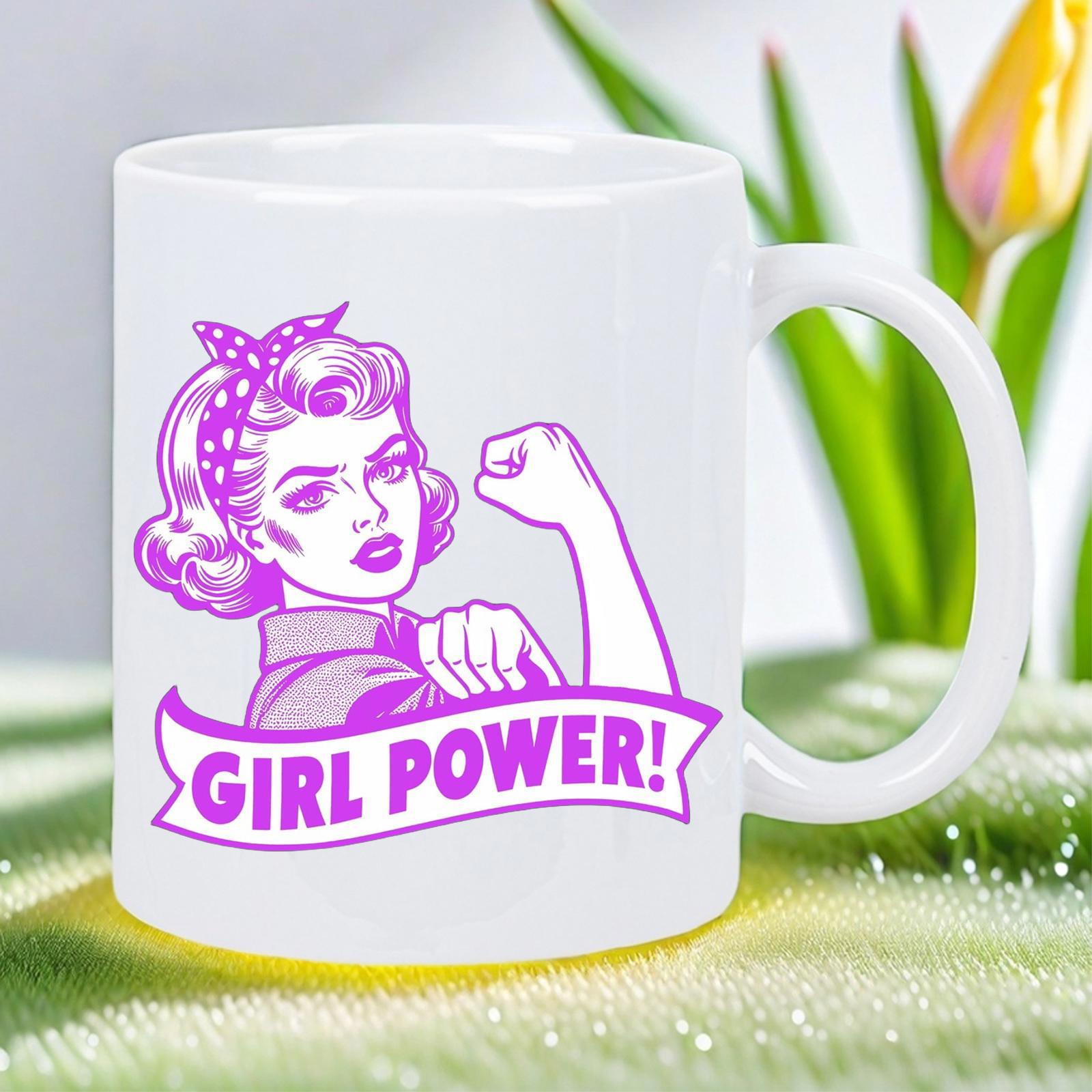 Tailorly White Ceramic 11 oz Mug - Girl Power Strong Confident Vintage Female Silhouette With Clenched Fist And Polka Dot Headband Woman