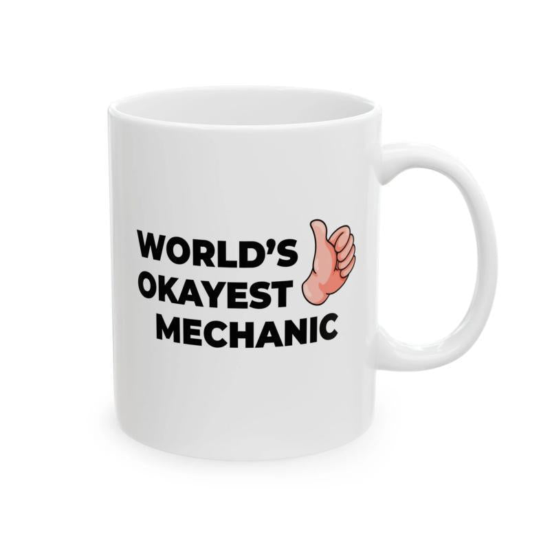 Tailorly White Ceramic 11 oz Mug - Worlds Okayest Mechanic Minimalist Cartoon Style Showing Positive Thumbs Up Gesture In Warm Tones Hand