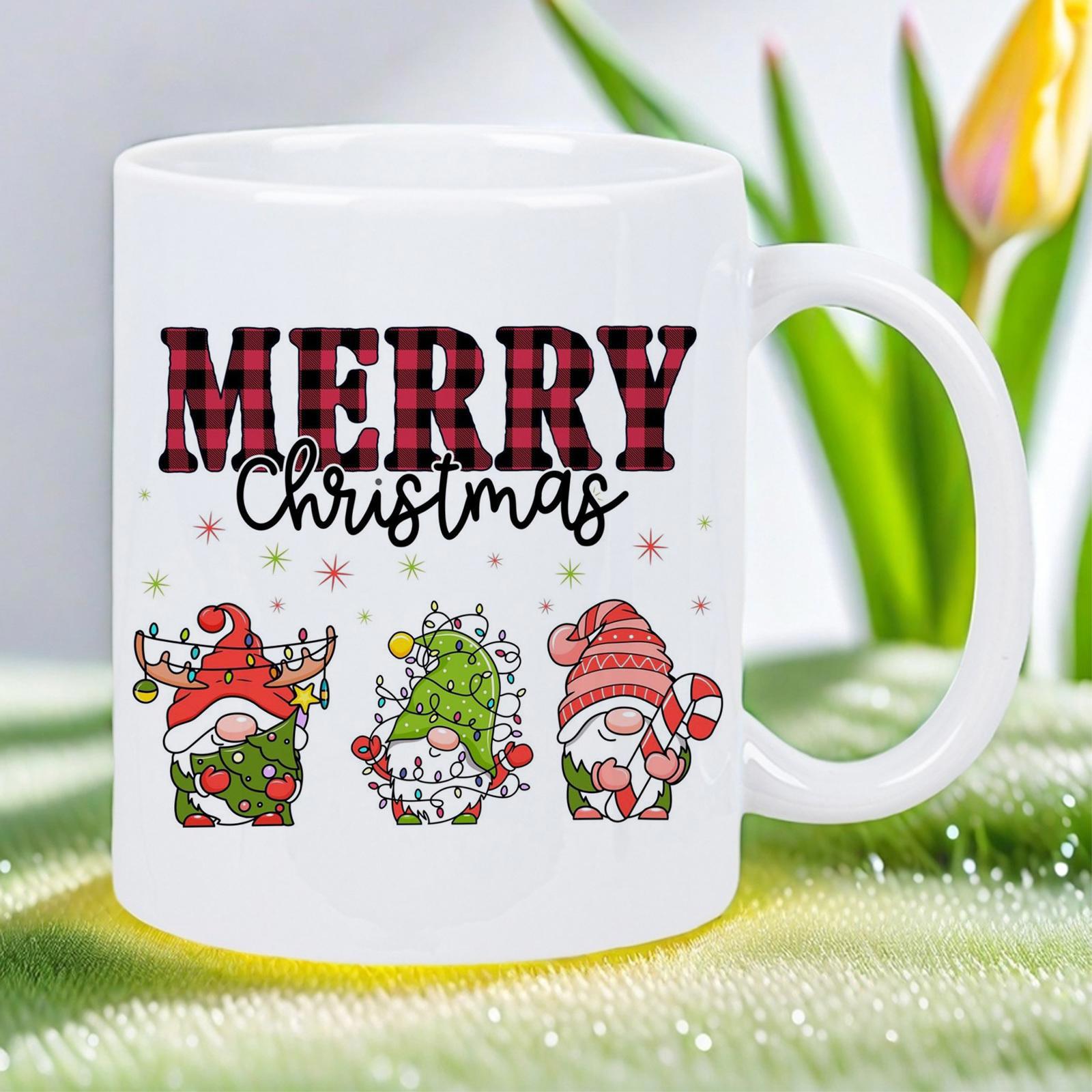 Tailorly White Ceramic 11 oz Mug - Merry Christmas Festive Holiday Characters Wearing Colorful Patterned Hats Among Stars Gnome