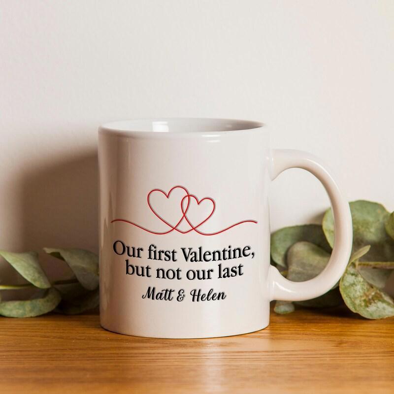 Tailorly White Ceramic 11 oz Mug - Our First Valentine But Not Our Last Matt Helen Simple Interlocking Line Art Outlines With Delicate Flowing Minimalist Red