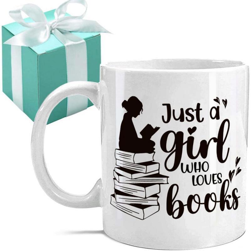Tailorly White Ceramic 11 oz Mug - Just A Girl Who Loves Books Elegant Silhouette Sitting Atop A Stack Of Large Hardcover Books Girl