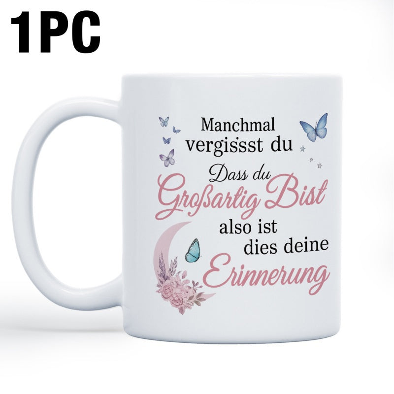 Tailorly White Ceramic 11 oz Mug - Soft Pink Moon And Blooming Flowers Among Delicate Blue Flying Garden Butterfly