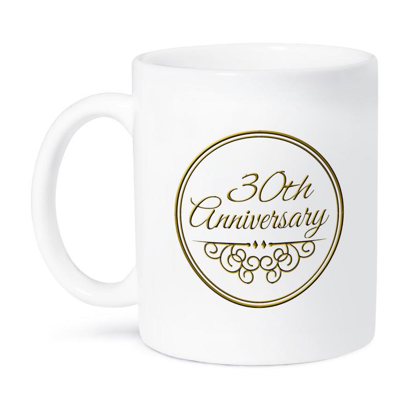Tailorly White Ceramic 11 oz Mug - 30th Anniversary Elegant Golden Circular Frame With Decorative Filigree Flourish Beneath The Text Emblem