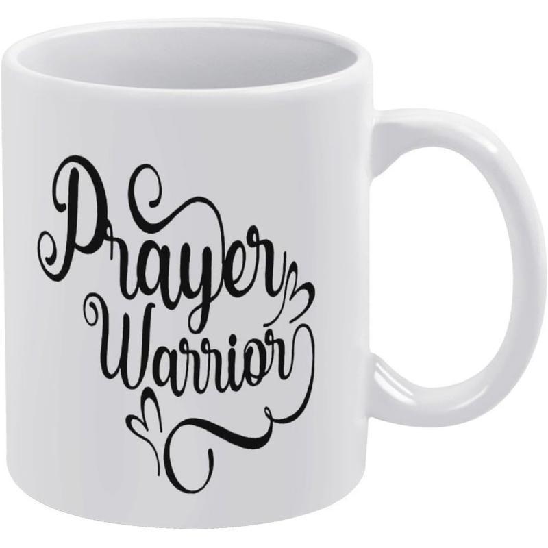 Tailorly White Ceramic 11 oz Mug - Prayer Warrior Elegant Black Cursive Calligraphy With Hearts On