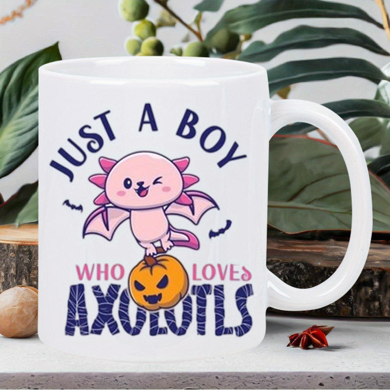 Tailorly White Ceramic 11 oz Mug - Just A Boy Who Loves Axolotls Cute Pink Cartoon Dragon Axolotl Sitting On Halloween Jack O Lantern Pumpkin Axolotl