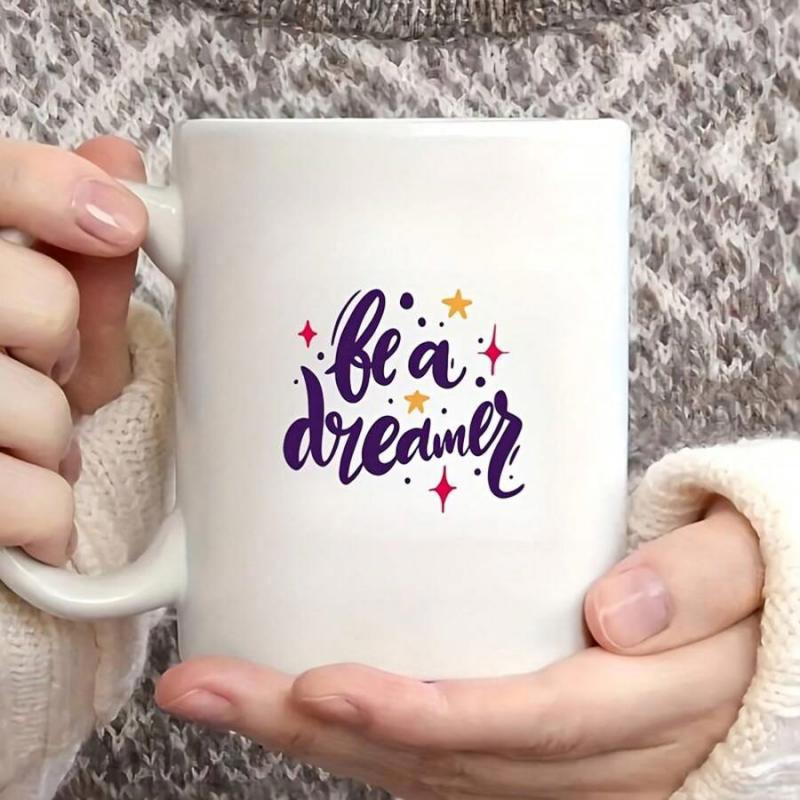 Tailorly White Ceramic 11 oz Mug - Be A Dreamer Inspirational Purple Script Surrounded By Shimmering Golden Stars And Colorful Twinkles Design
