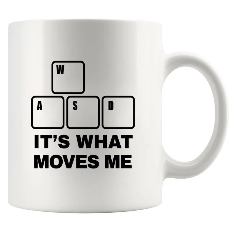 Tailorly White Ceramic 11 oz Mug - WASD Its What Moves Me Minimalist Black Outlined Keyboard Keys Displaying Gaming Direction Control Interface Keycap
