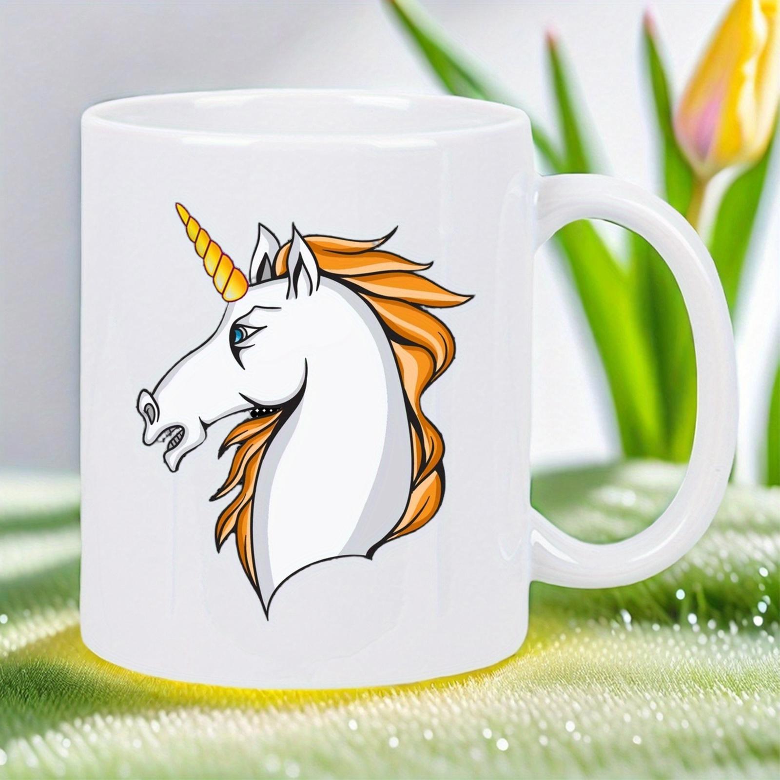 Tailorly White Ceramic 11 oz Mug - Majestic Mythical Creature With Flowing Golden Mane And Sharp Spiraled Horn Unicorn