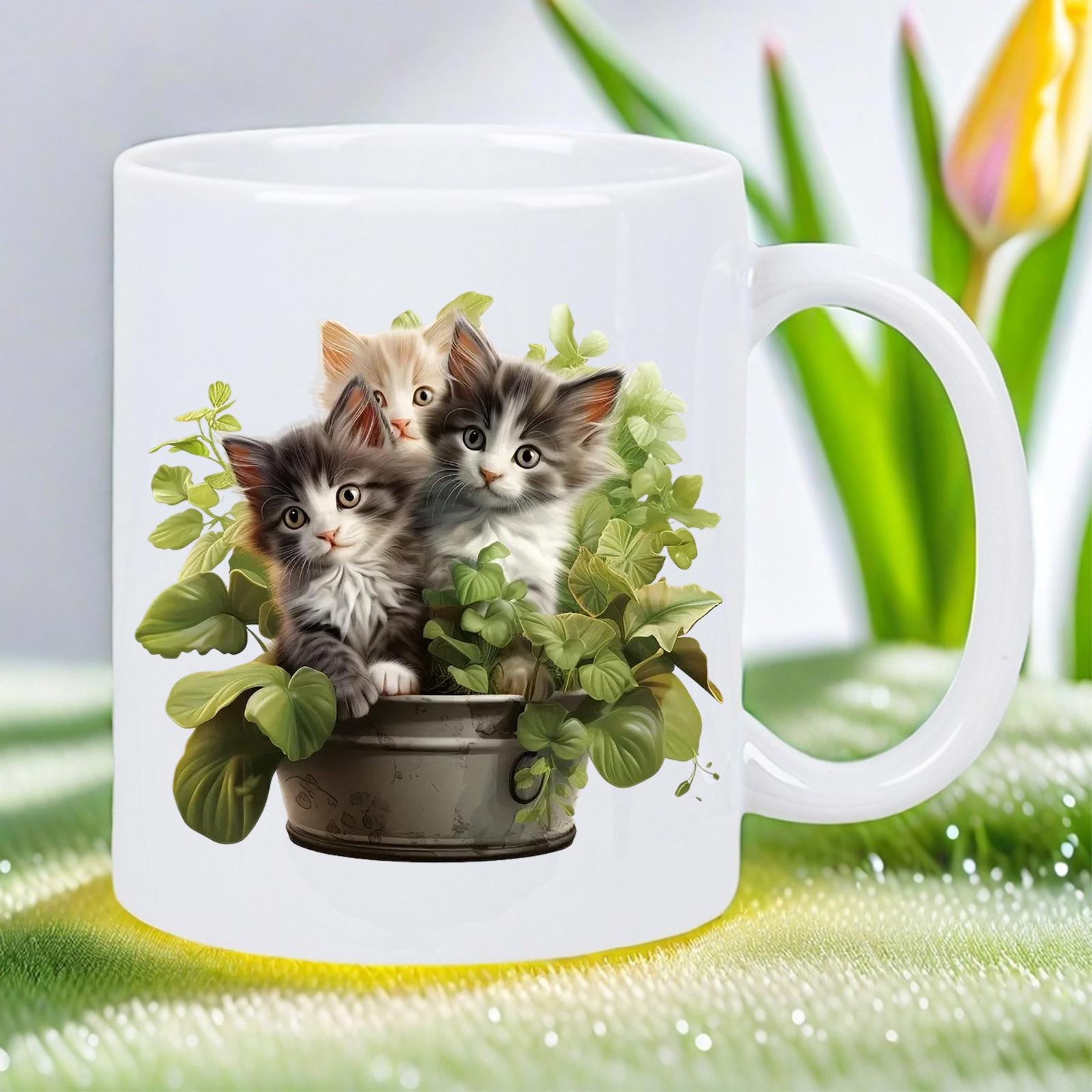 Tailorly White Ceramic 11 oz Mug - Three Cute Kittens Sitting Inside Rustic Metal Flowerpot Among Lush Green Leaves Kittens