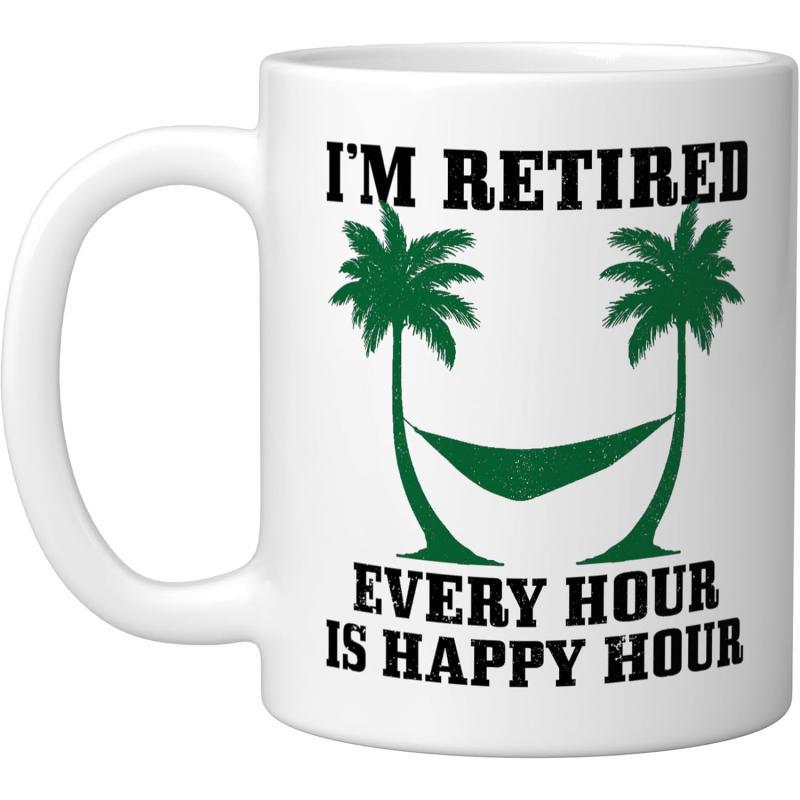 Tailorly White Ceramic 11 oz Mug - Im Retired Every Hour Is Happy Hour Green Tropical Summer Trees With A Relaxing Hammock Hanging Between Them Hammock
