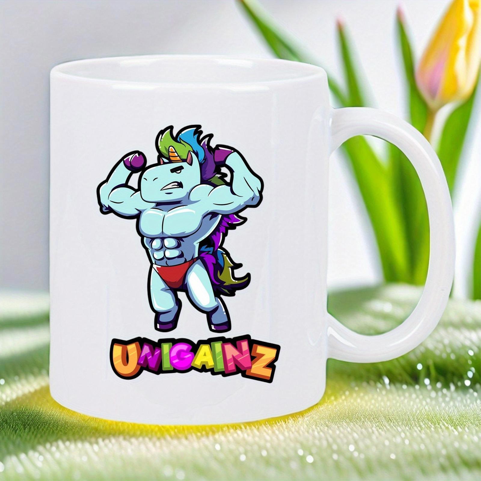 Tailorly White Ceramic 11 oz Mug - Unigainz Powerful Muscular Bodybuilding Fantasy Creature Flexing Biceps Among Vibrant Rainbow Hair Unicorn