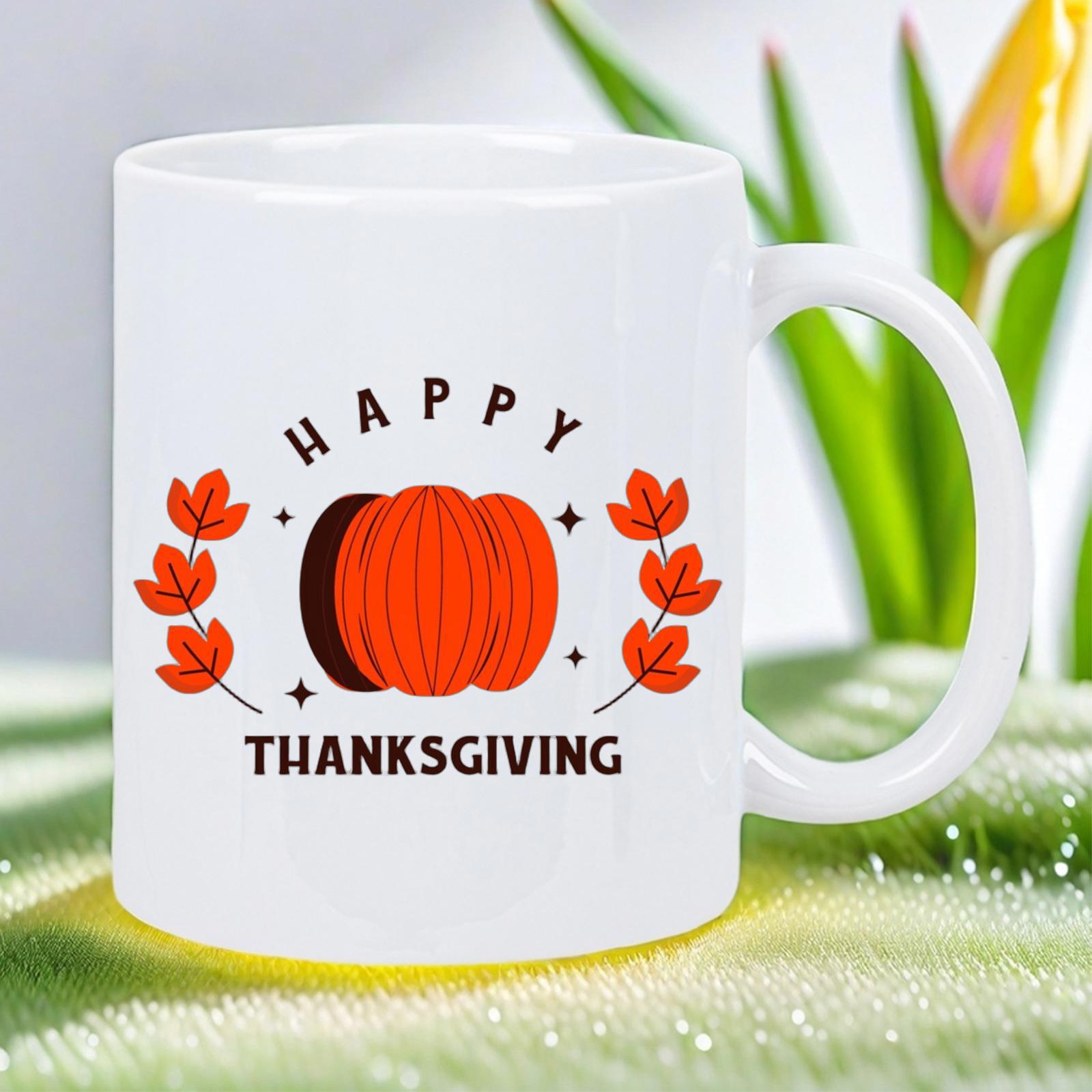 Tailorly White Ceramic 11 oz Mug - Happy Thanksgiving Festive Harvest Orange Foliage With Symmetrical Autumn Leaves Garden Pumpkin