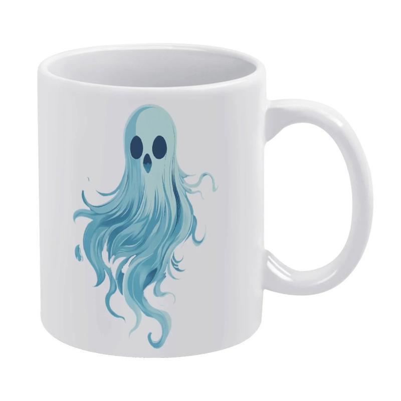 Tailorly White Ceramic 11 oz Mug - Ethereal Blue Spirit Floating With Flowing Wisps And Hollow Dark Eyes Ghost
