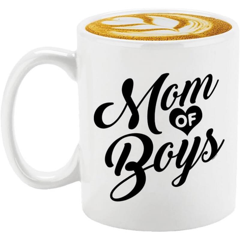 Tailorly White Ceramic 11 oz Mug - Mom Of Boys Elegant Script Typography Featuring A Small Heart Symbol On Minimalist Ceramic Mug