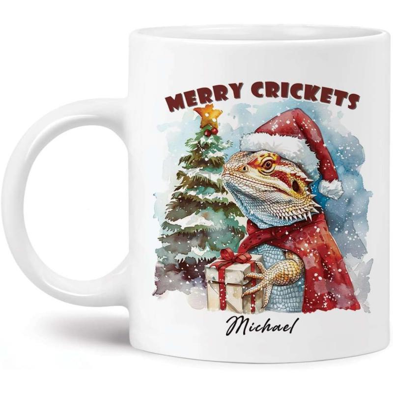 Tailorly White Ceramic 11 oz Mug - Merry Crickets Michael Festive Watercolor Reptile Wearing Santa Hat Holding Wrapped Gift Box Bearded Dragon