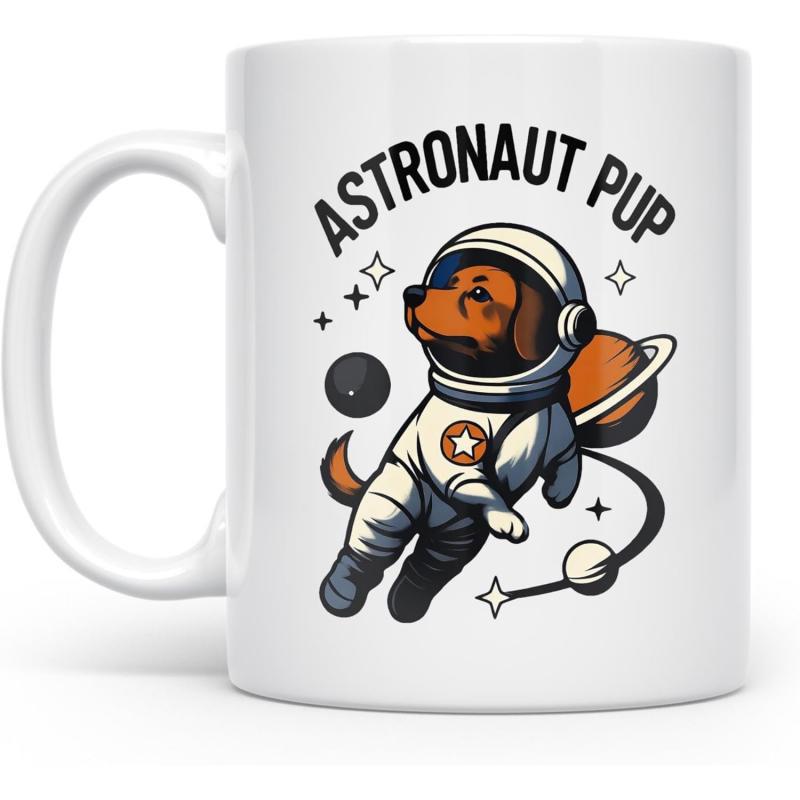 Tailorly White Ceramic 11 oz Mug - Astronaut Pup Adorable Brown Animal Floating In Outer Space Wearing A Detailed White Spacesuit Pup