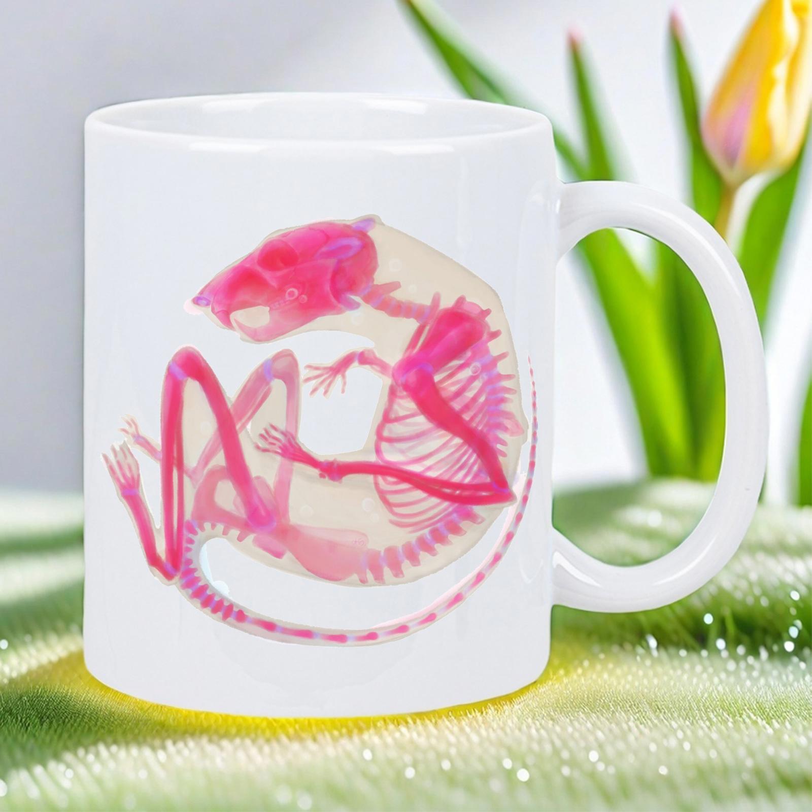 Tailorly White Ceramic 11 oz Mug - Pink Translucent Diaphonized Animal Specimen With Intricate Glowing Bone Structure Skeleton