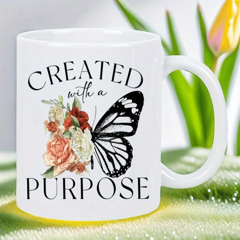 Tailorly White Ceramic 11 oz Mug - Created With A Purpose Elegant Half Floral And Half Butterfly Wing Design With Delicate Vintage Roses Butterfly