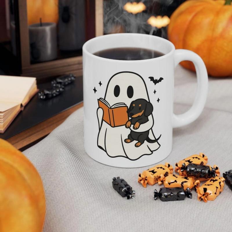 Tailorly White Ceramic 11 oz Mug - Charming Sheet Ghost Reading Orange Book With Tiny Cuddly Dachshund Companion Ghost