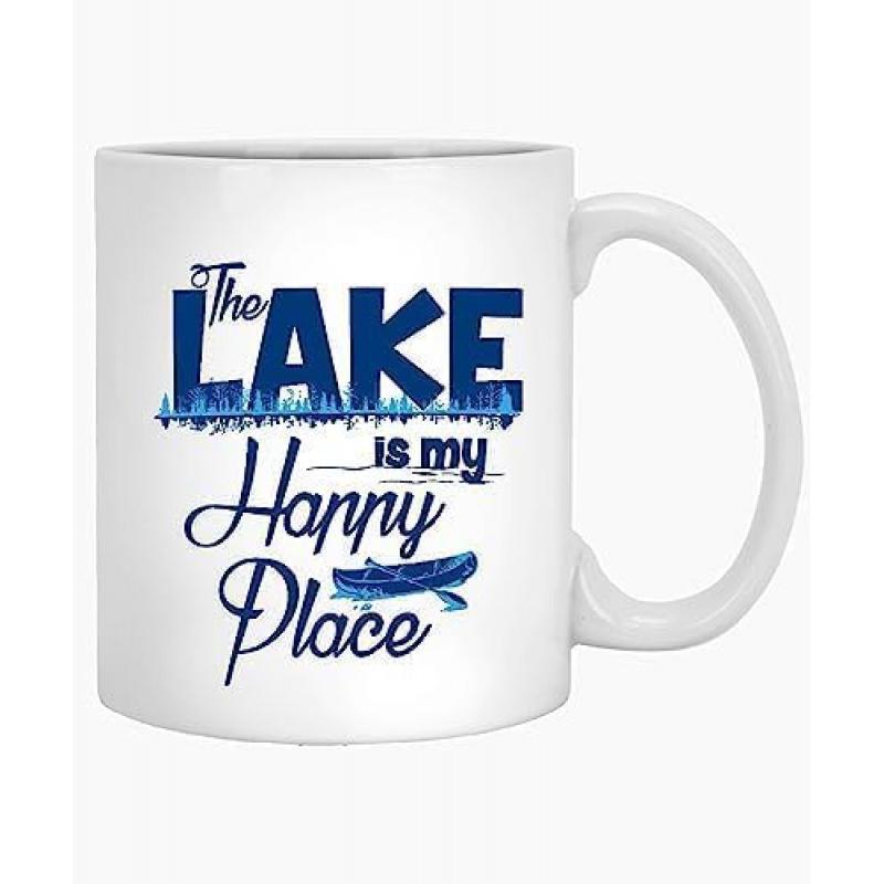 Tailorly White Ceramic 11 oz Mug - The Lake Is My Happy Place Serene Blue Forest Treeline Under Script Text With Small Floating Canoe