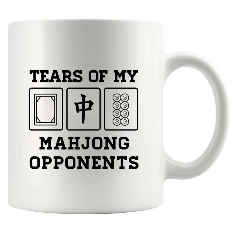 Tailorly White Ceramic 11 oz Mug - Tears Of My Mahjong Opponents Three Classic Chinese Game Tiles Arranged In Horizontal Layout Mahjong Tiles