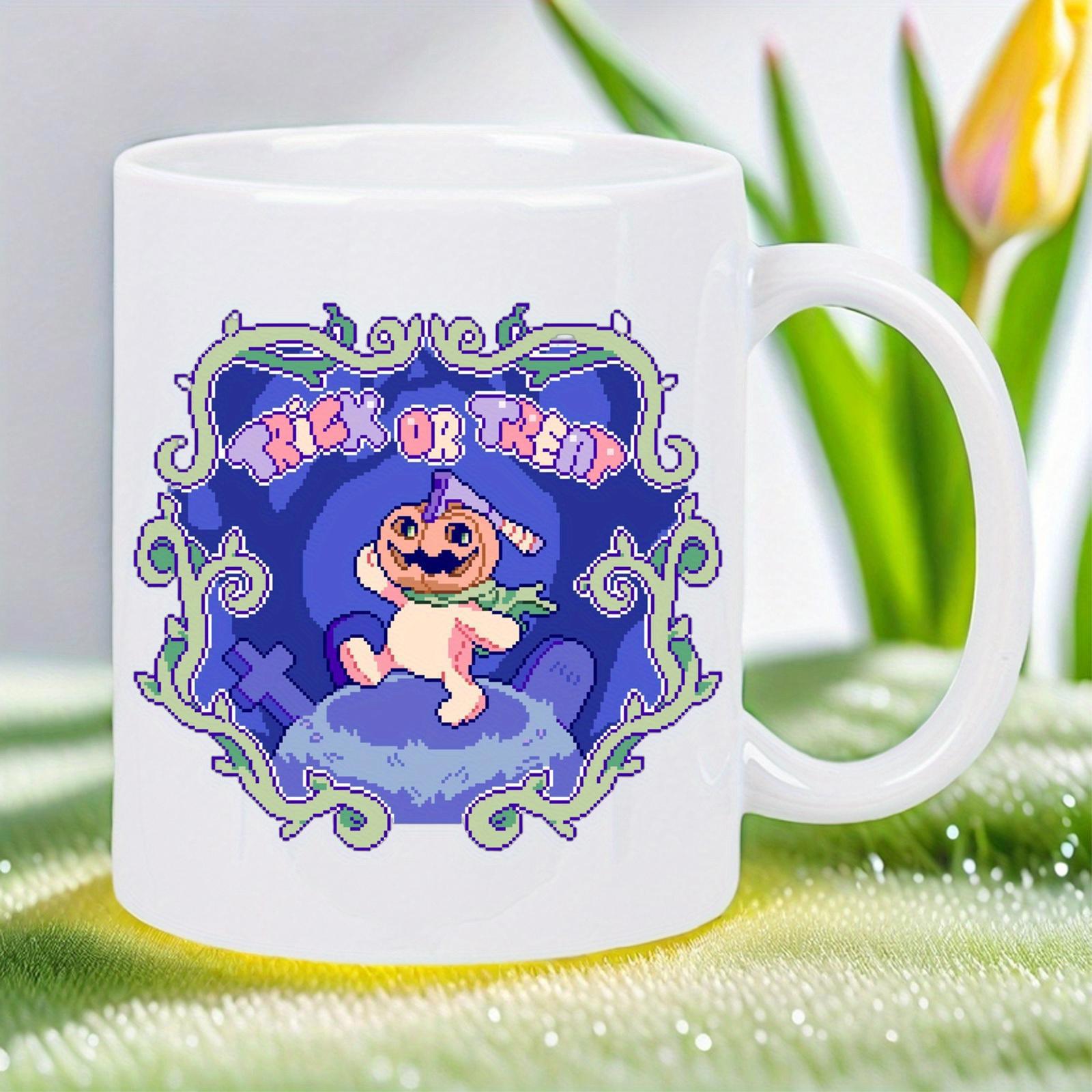 Tailorly White Ceramic 11 oz Mug - Trick Or Treat Spooky Pumpkin Head Character Dancing Inside Ornate Vine Frame Haunted Forest Pumpkin
