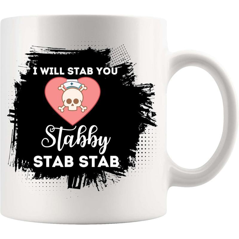 Tailorly White Ceramic 11 oz Mug - I Will Stab You Stabby Stab Stab Distressed Background With Pink Heart And Medical Nurse Cap Wearing Skull
