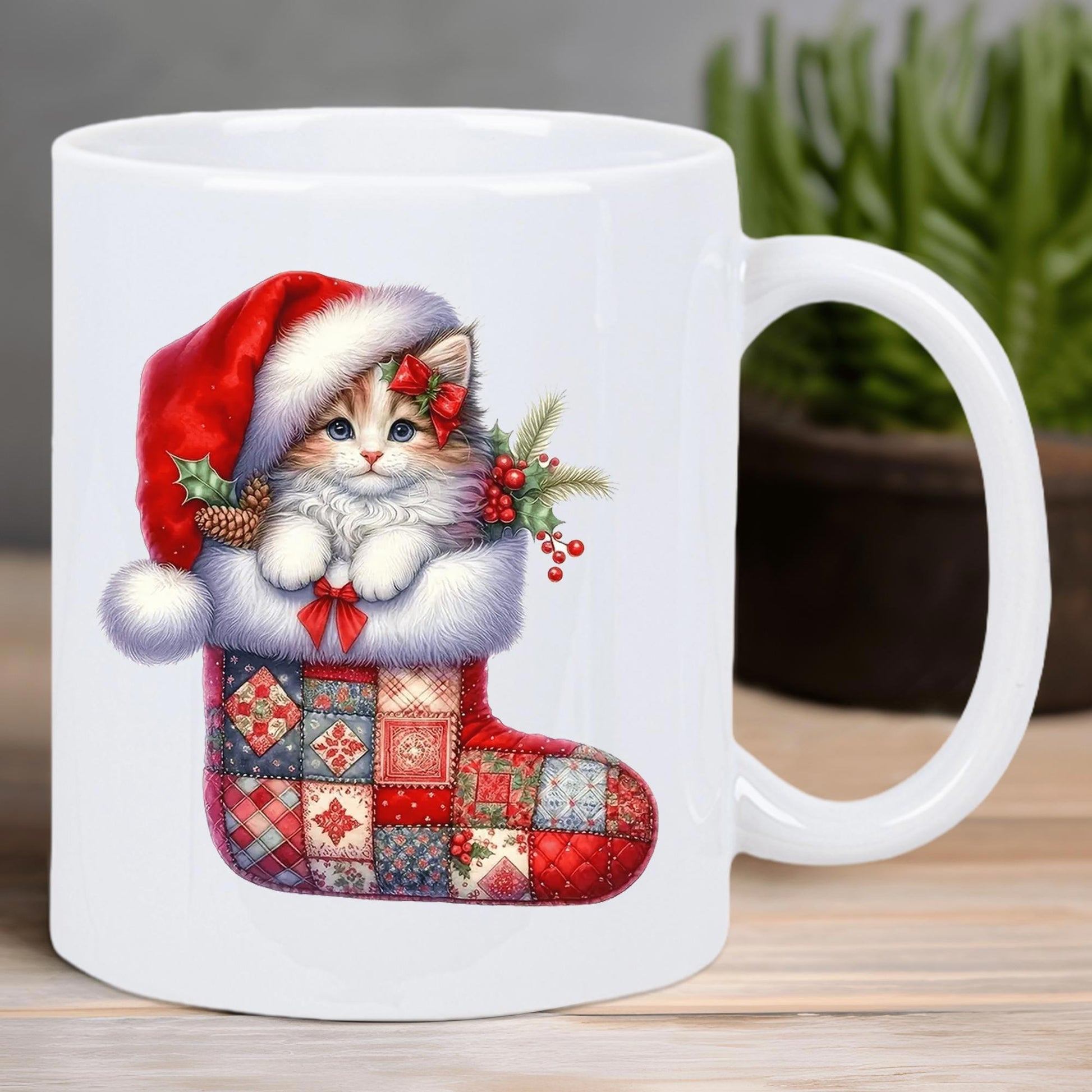 Tailorly White Ceramic 11 oz Mug - Adorable Fluffy Peeking From Festive Red Patterned Christmas Stocking Wearing Santa Hat Kitten