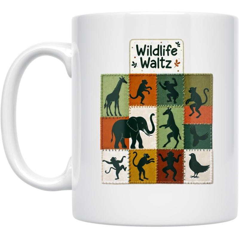 Tailorly White Ceramic 11 oz Mug - Wildlife Waltz Vintage Style Colorful Grid Displaying Silhouettes Of Wild African Savanna Animals