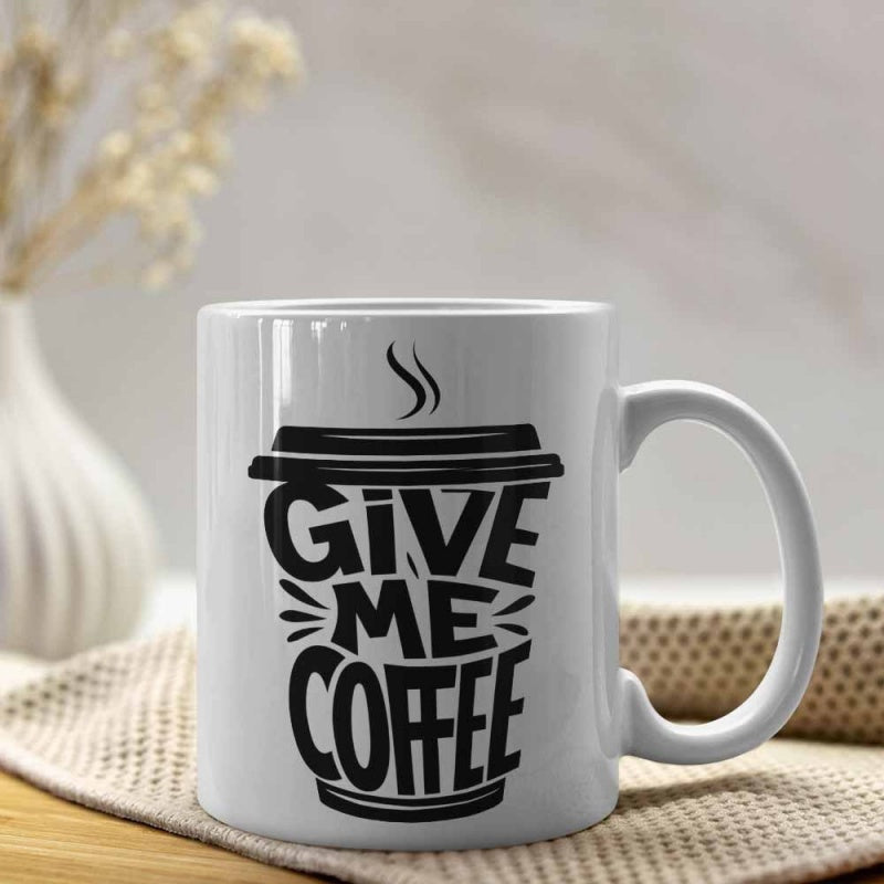 Tailorly White Ceramic 11 oz Mug - Give Me Coffee Minimalist Black Coffee Cup Silhouette With Rising Steam And Bold Lettering Mug