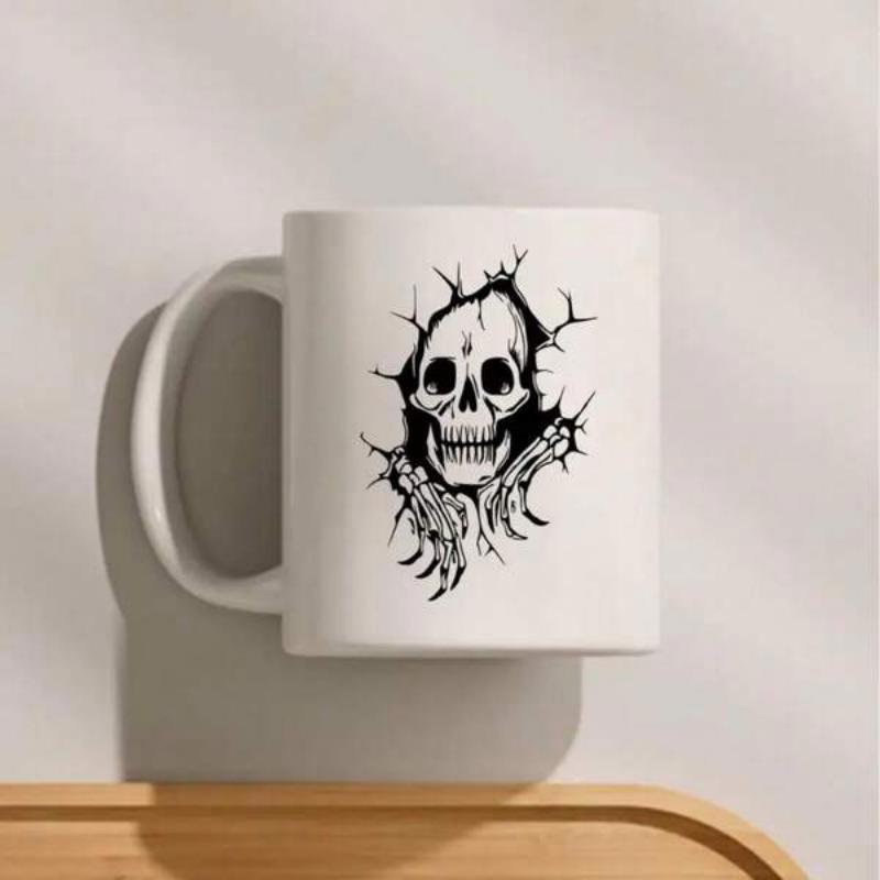 Tailorly White Ceramic 11 oz Mug - Dark Gothic Skeleton Hands Emerging Through A Broken Wall Surface Skull
