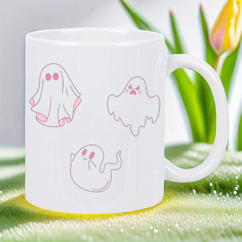 Tailorly White Ceramic 11 oz Mug - Playful Pink Line Art Cartoon Spirits Floating In Simple Spooky Ghost