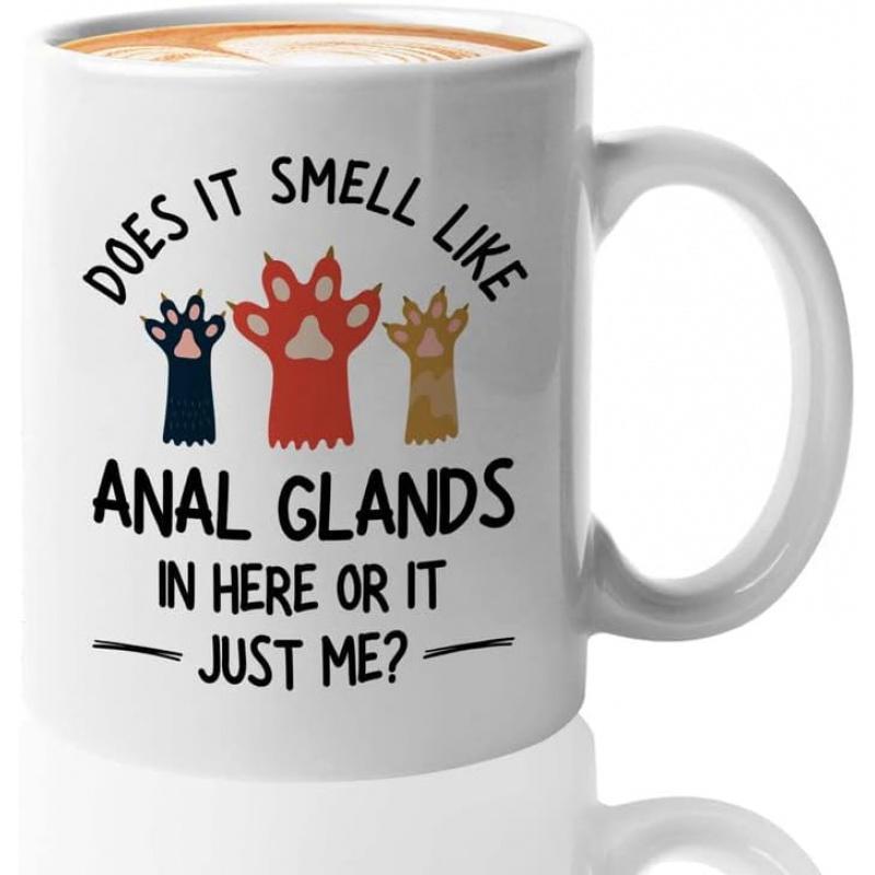 Tailorly White Ceramic 11 oz Mug - Does It Smell Like Anal Glands In Here Or Is It Just Me Three Colorful Stylized Cartoon Animal Paws Raised Upwards In A Row Paw