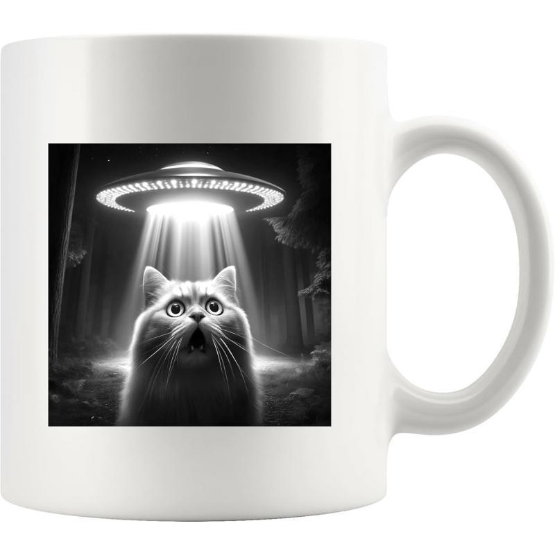 Tailorly White Ceramic 11 oz Mug - Mysterious Glowing UFO Beam Shining Over Surprised Fluffy Feline In Dark Forest Cat