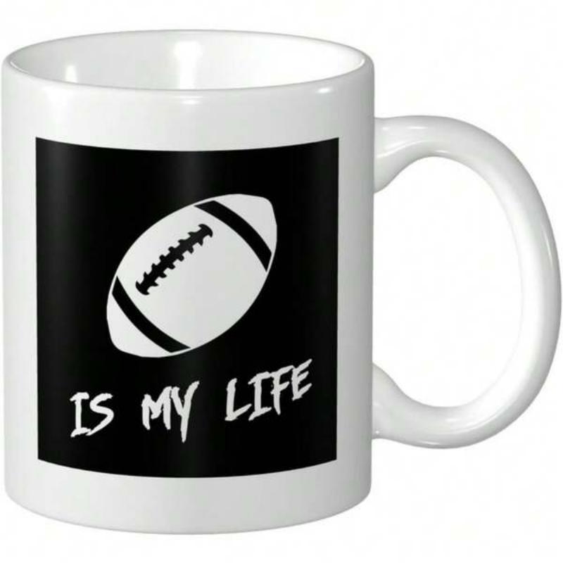 Tailorly White Ceramic 11 oz Mug - Is My Life Iconic Sport Silhouette Positioned Within Solid Black Geometric Square Background Football