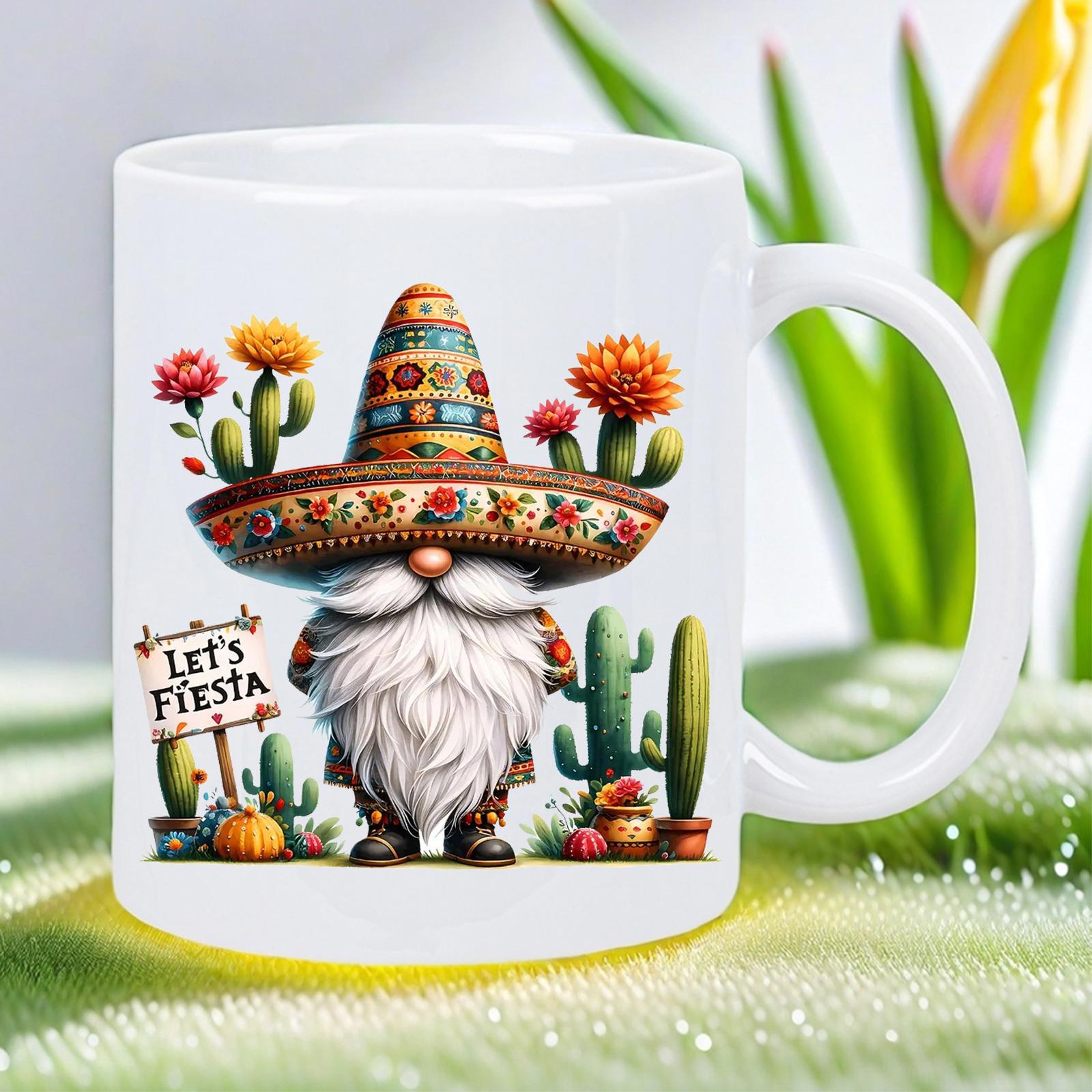Tailorly White Ceramic 11 oz Mug - Let's Fiesta Wearing Decorative Sombrero Among Blooming Cacti In Desert Festival Scene Gnome