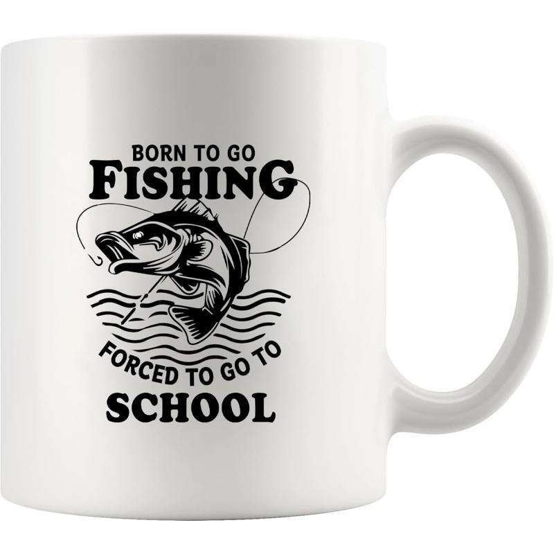 Tailorly White Ceramic 11 oz Mug - Born To Go Fishing Forced To Go To School Detailed Monochrome Artistic Rendition Of Powerful Fish Jumping Out Of Lake Waves Bass