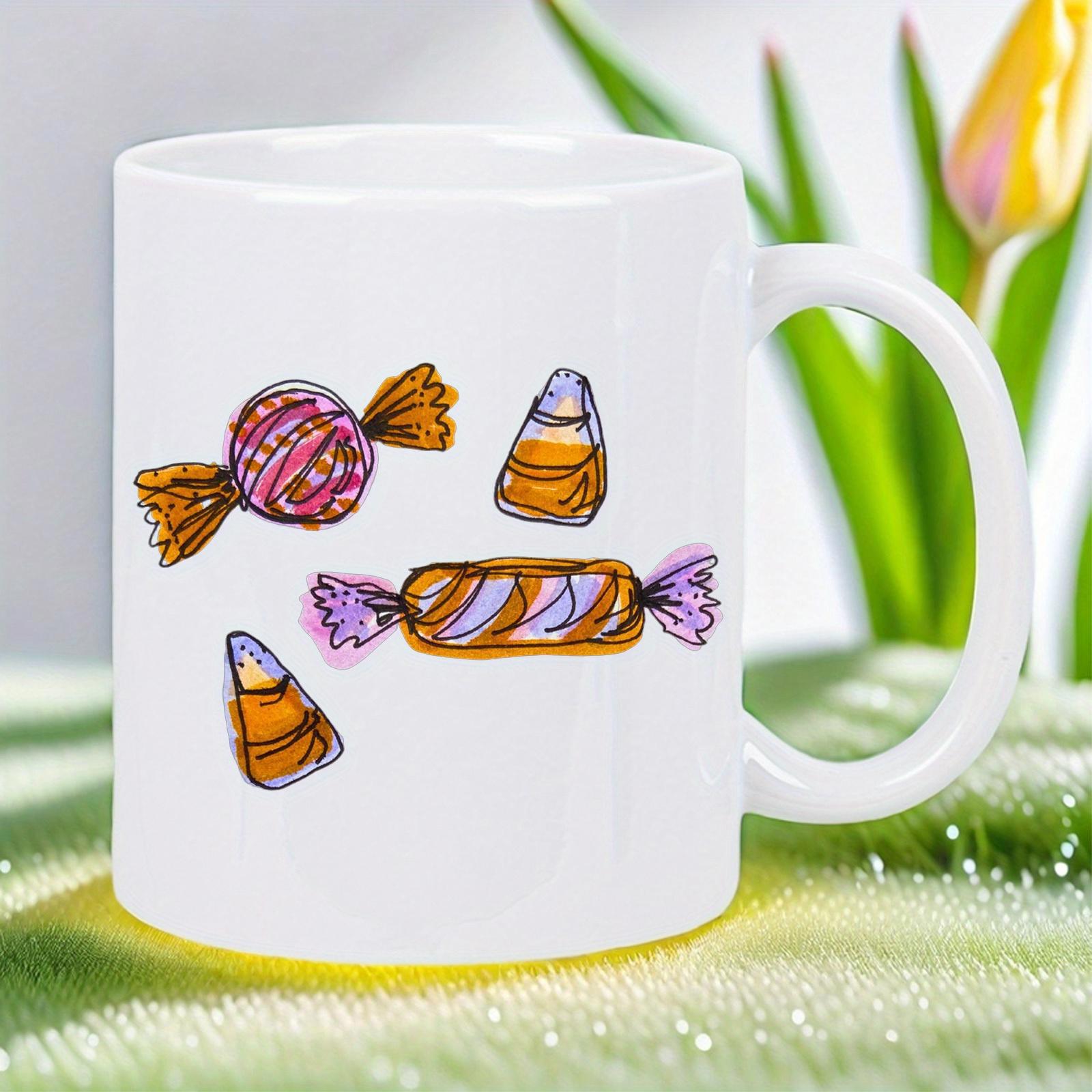 Tailorly White Ceramic 11 oz Mug - Playful Hand Drawn Sweet Treats And Colorful Wrappers Scattered Across Candy
